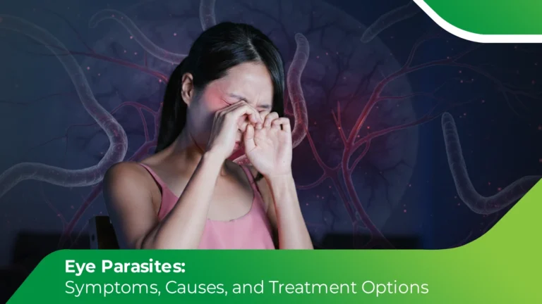Woman rubbing irritated eyes with parasite background