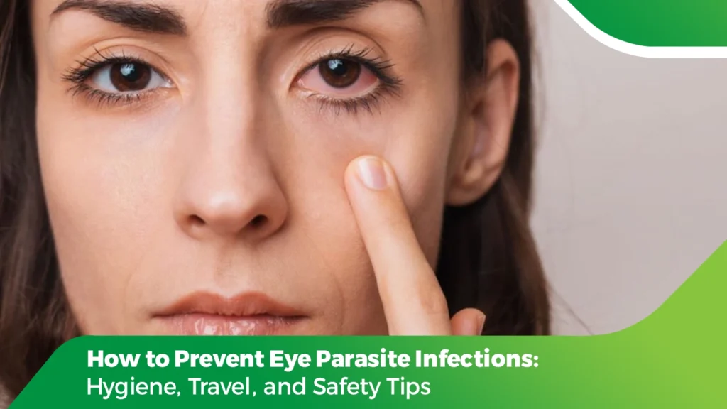 Woman pointing to irritated eye showing signs of Eye Parasite Infection
