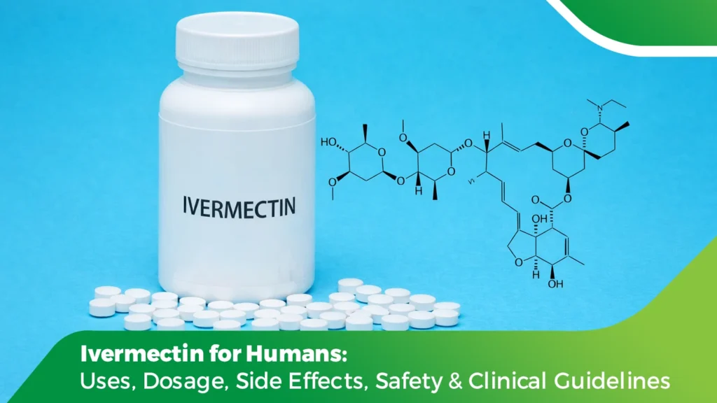Ivermectin bottle and tablets with molecular structure illustration