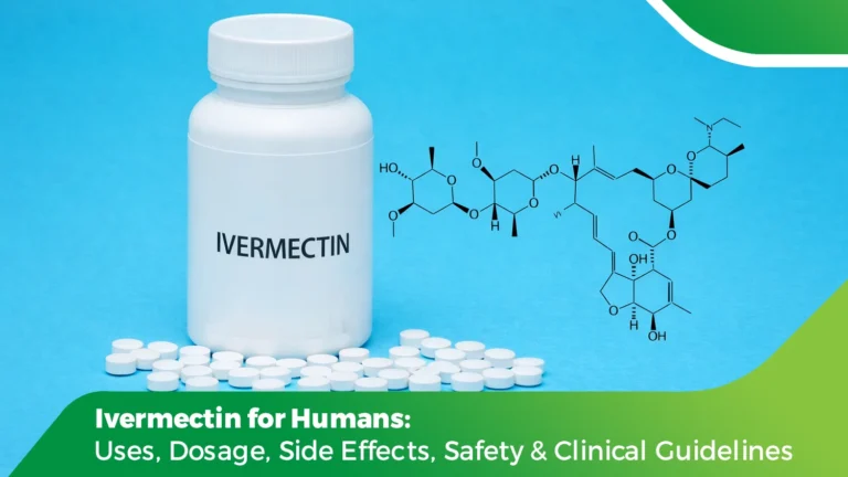 Ivermectin bottle and tablets with molecular structure illustration