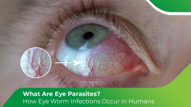 Eye parasite infection showing red, inflamed blood vessels