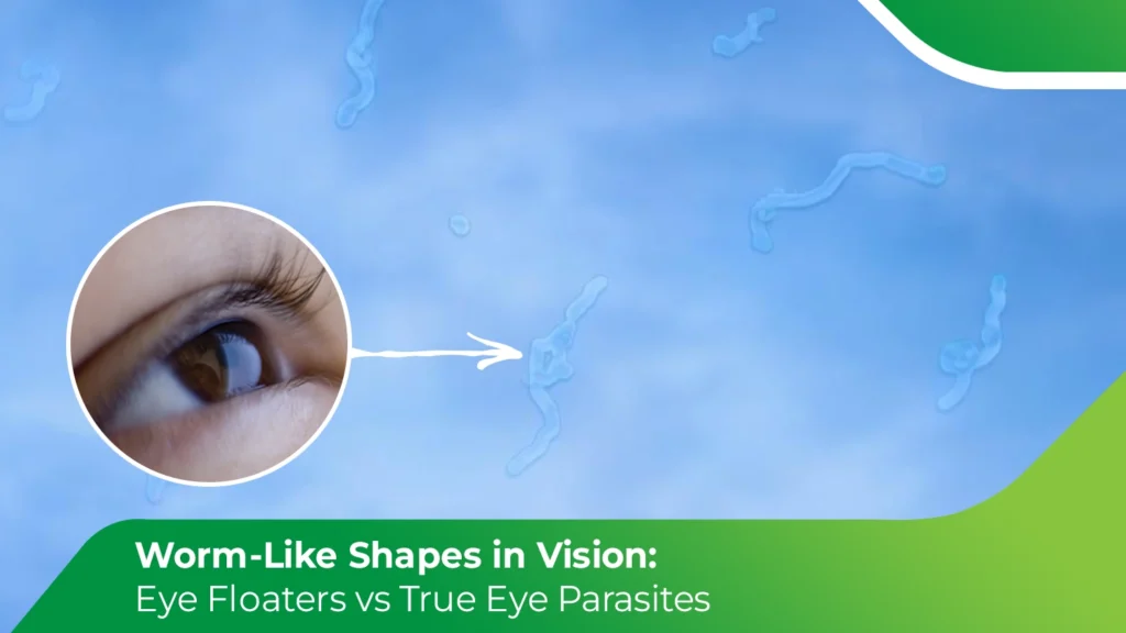 Worm-like eye floaters and parasite illustration with close-up of human eye