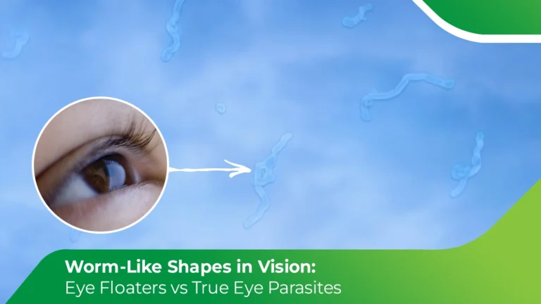 Worm-like eye floaters and parasite illustration with close-up of human eye