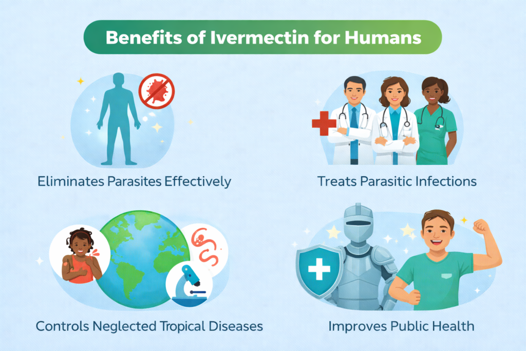 Infographic showing benefits of ivermectin for humans including parasite removal and treatment of parasitic infections