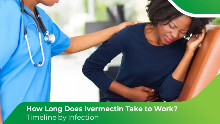 Doctor assisting patient with stomach pain explaining how long does ivermectin take to work timeline