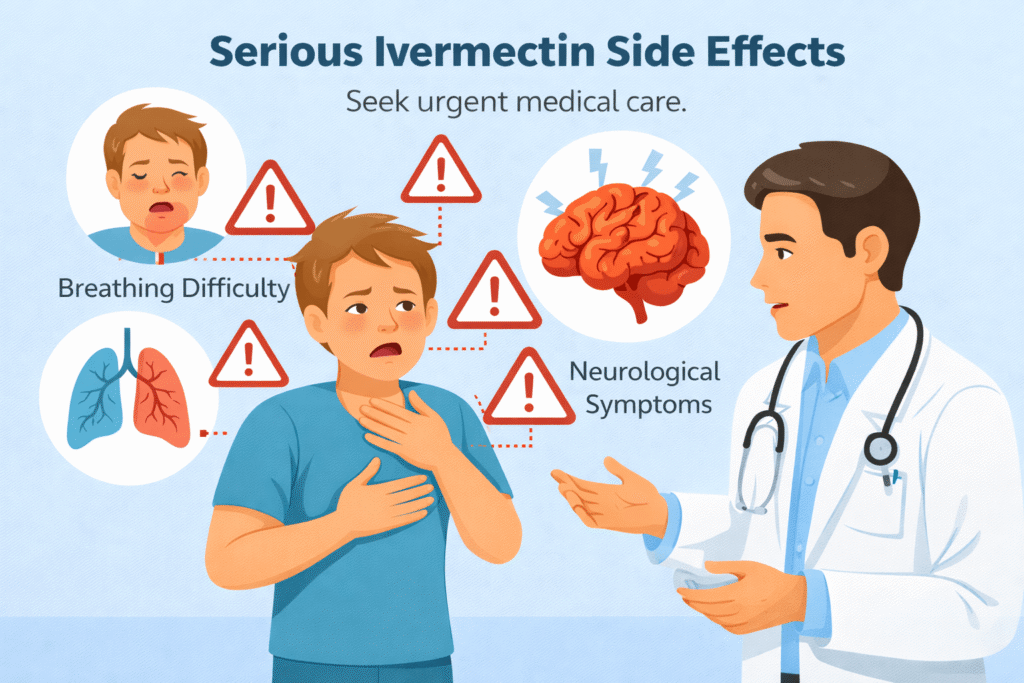 Serious ivermectin side effects illustration showing breathing difficulty, neurological symptoms, and doctor consultation