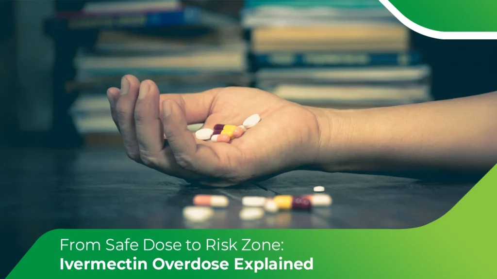 Hand holding multiple pills showing ivermectin overdose risk and unsafe medication use