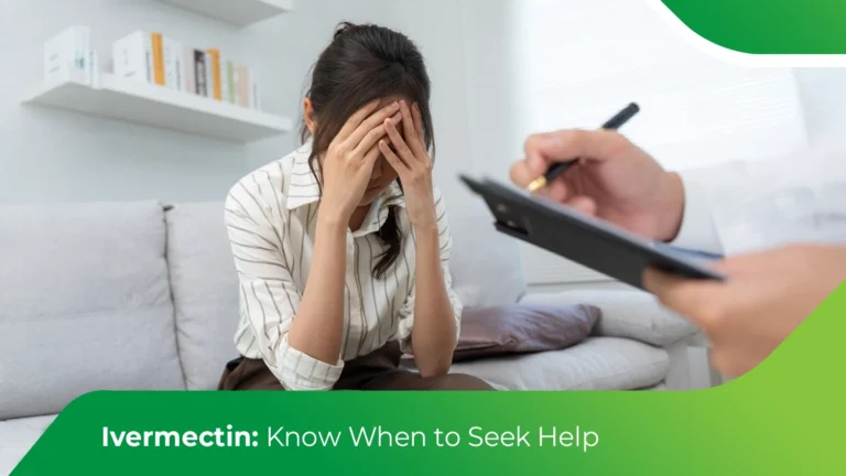 Woman holding head in distress while consulting doctor about ivermectin side effects and when to seek help