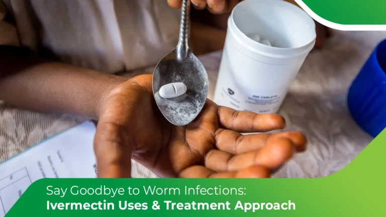 Ivermectin for worm infections tablet on spoon with medicine bottle for parasite treatment