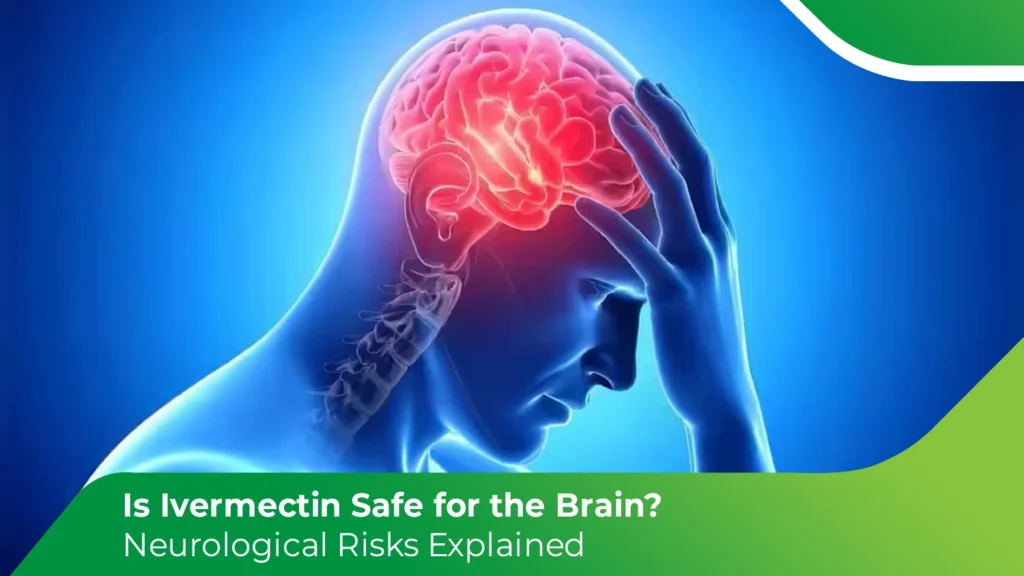 Neurological risks linked to ivermectin shown with brain inflammation and headache illustration