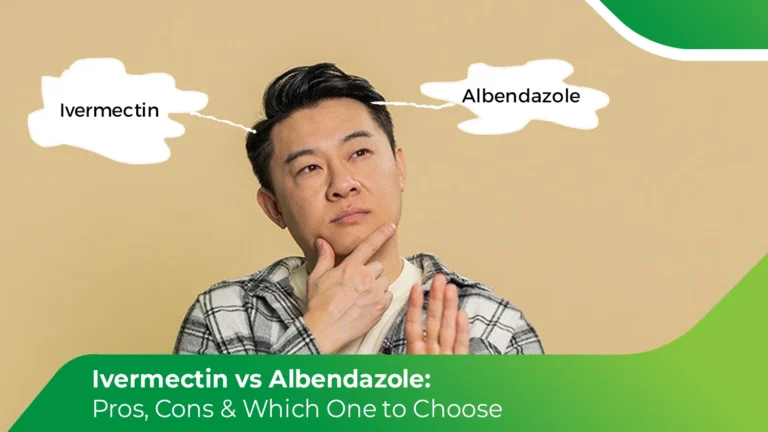 Ivermectin vs Albendazole comparison image showing a person choosing between antiparasitic treatments