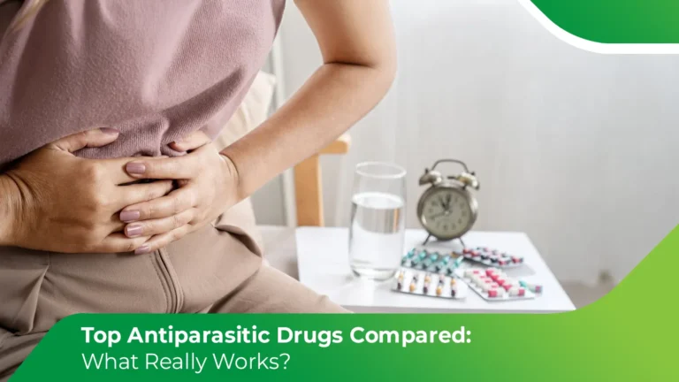 Person holding their stomach near medication and water. Text: Top antiparasitic drugs compared.