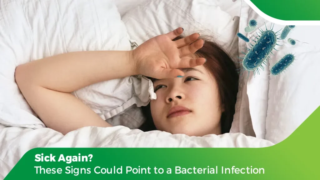 Woman lying in bed with fever showing signs of bacterial infection