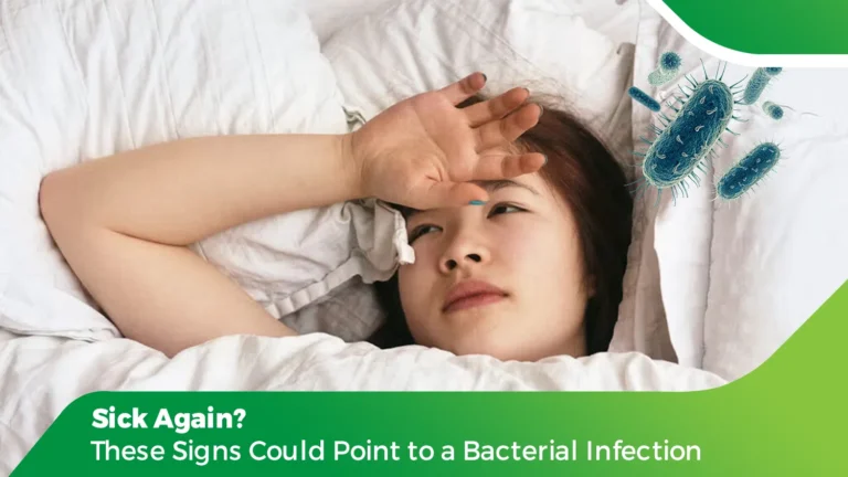 Woman lying in bed with fever showing signs of bacterial infection