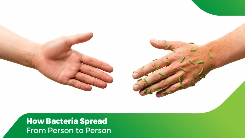How bacteria spread through direct hand contact, showing bacterial transmission between people.