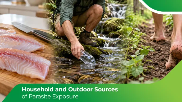 Parasite sources at home and outdoors: raw fish on a board, a hiker filling a bottle from a stream, and bare muddy feet