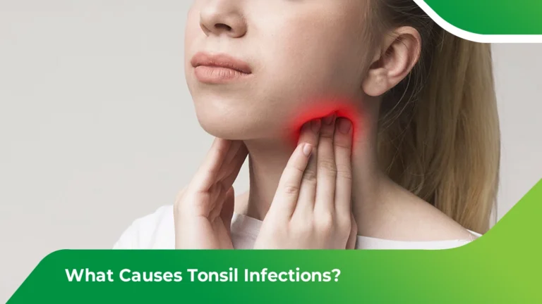 What Causes Tonsil Infections? Woman showing pain and swelling around the throat