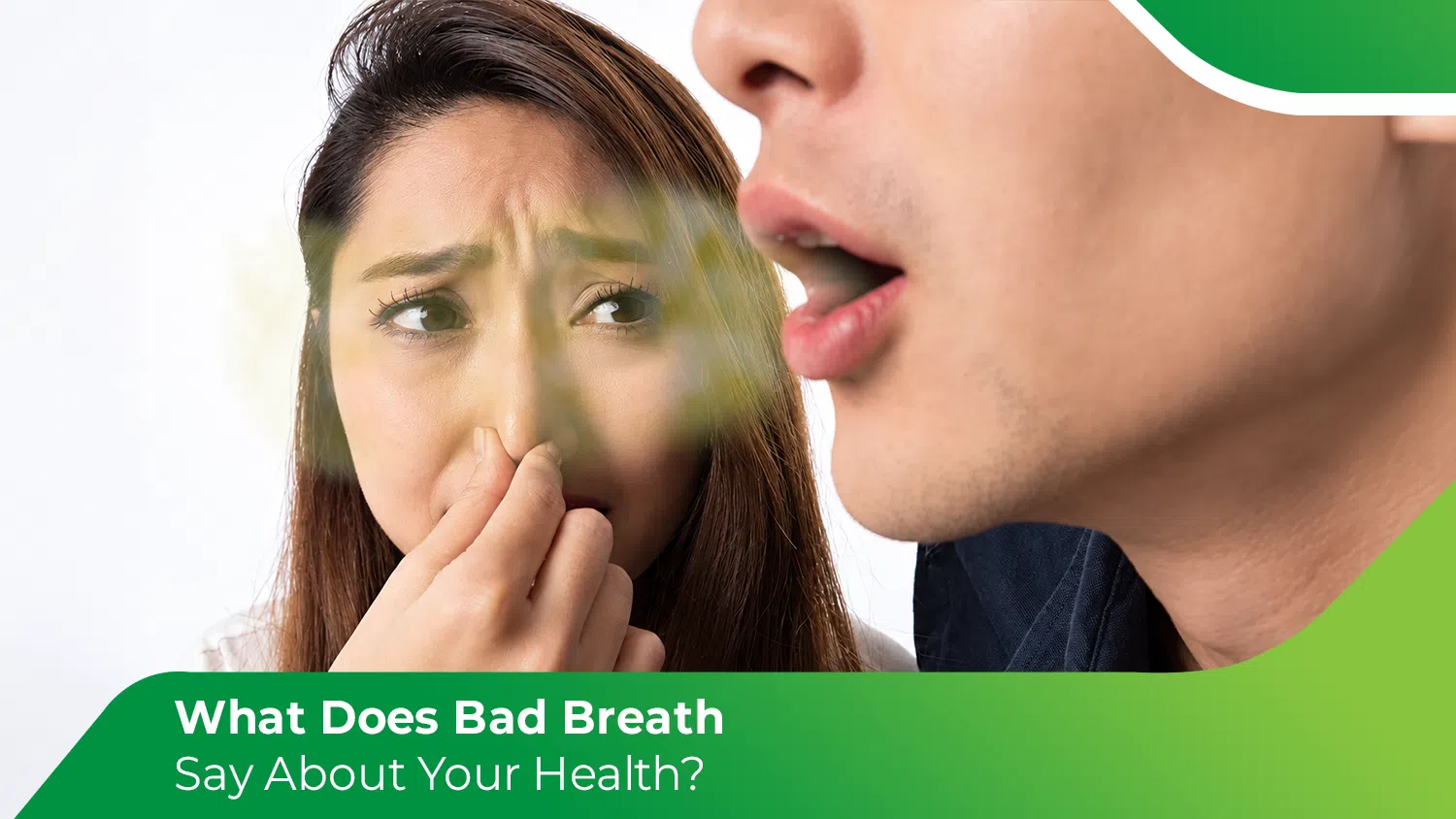 Woman pinching her nose as a man’s bad breath drifts toward her, showing what bad breath can say about health